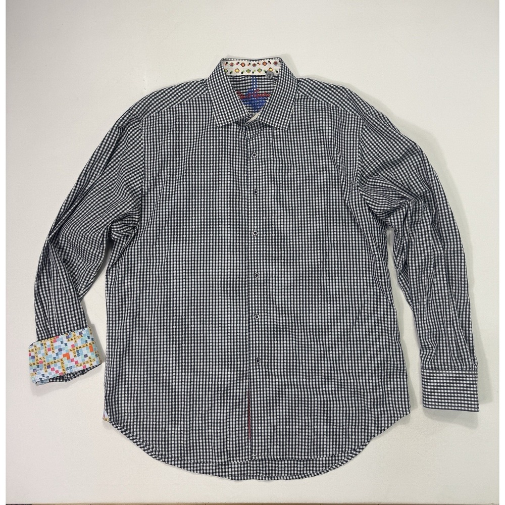 Robert Graham Mens XL Regent Button Shirt Scrabble Flip Cuff Black White Check